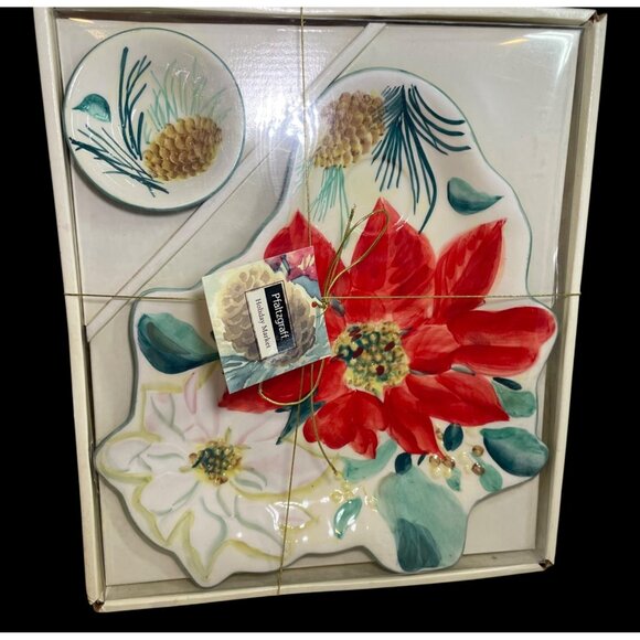 Pfaltzgraff Holiday Market Poinsettia & Pinecone 2-Piece Ceramic Hostess Serving - Picture 1 of 12